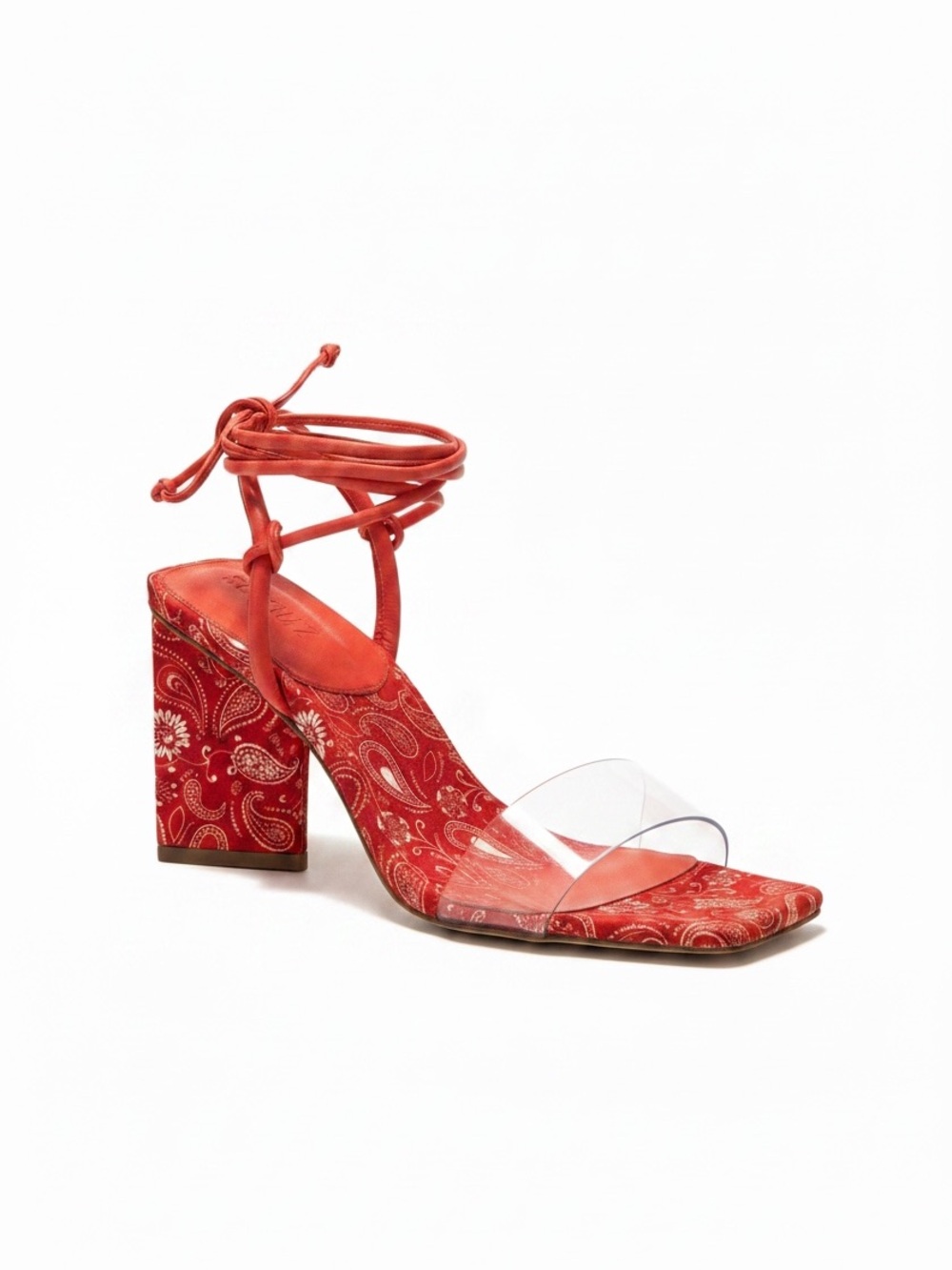 Schutz Mayla Paisley Block Heel Sandals Red Bandana Print Clear Strap Lace-Up 9B